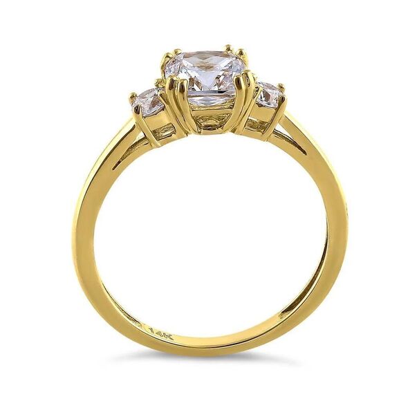 Solid 14K Yellow Gold Cushion Cut Triple CZ Engagement Ring New - Picture 3 of 6